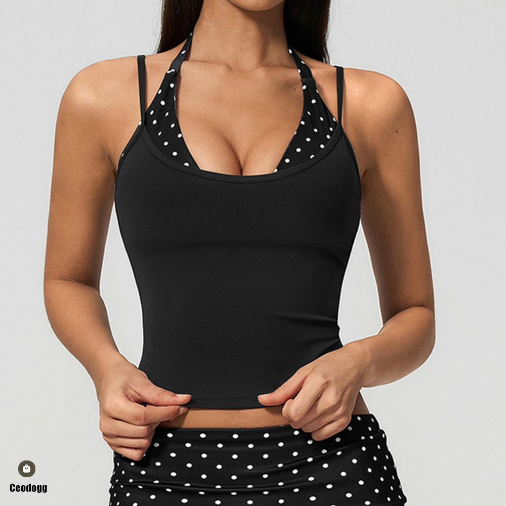 Pilates Yoga Wrap Top - Puantiyeli Kadın Askılı Halter Yoga Bdra